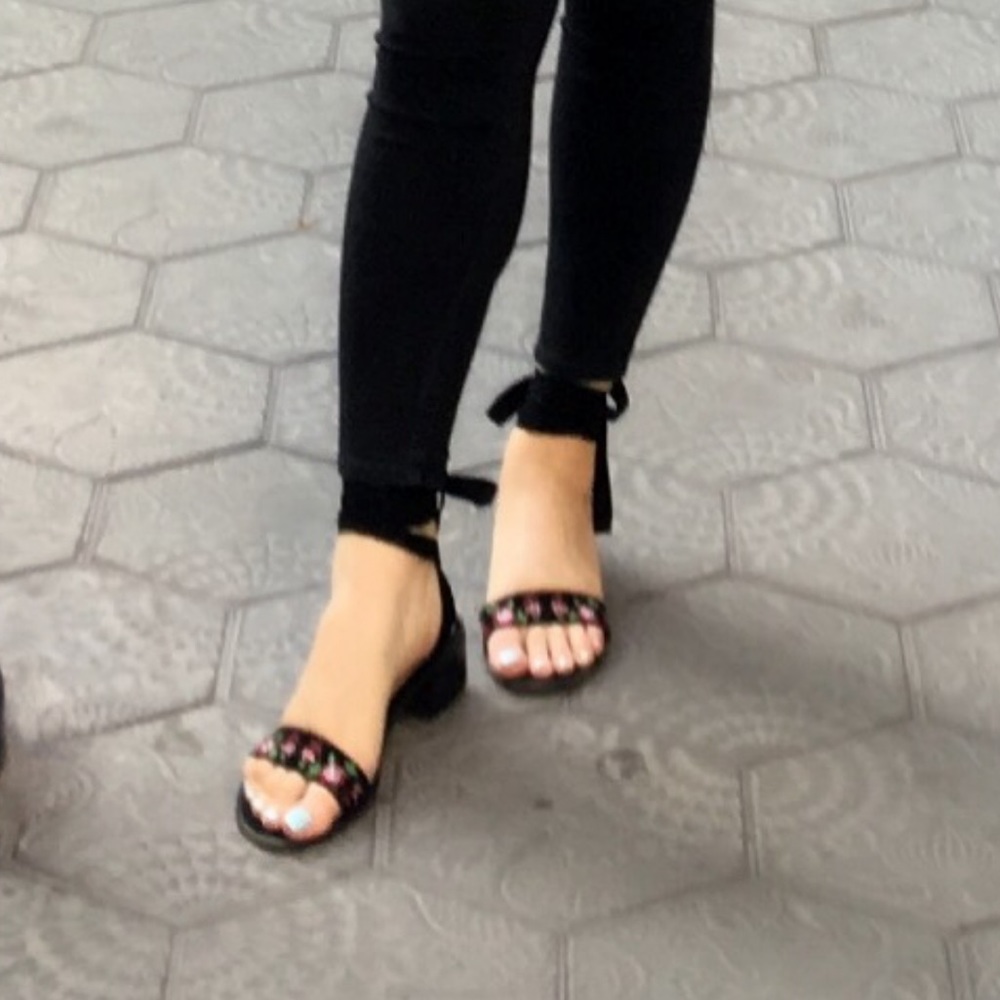 Floral embroidered lace up sandals